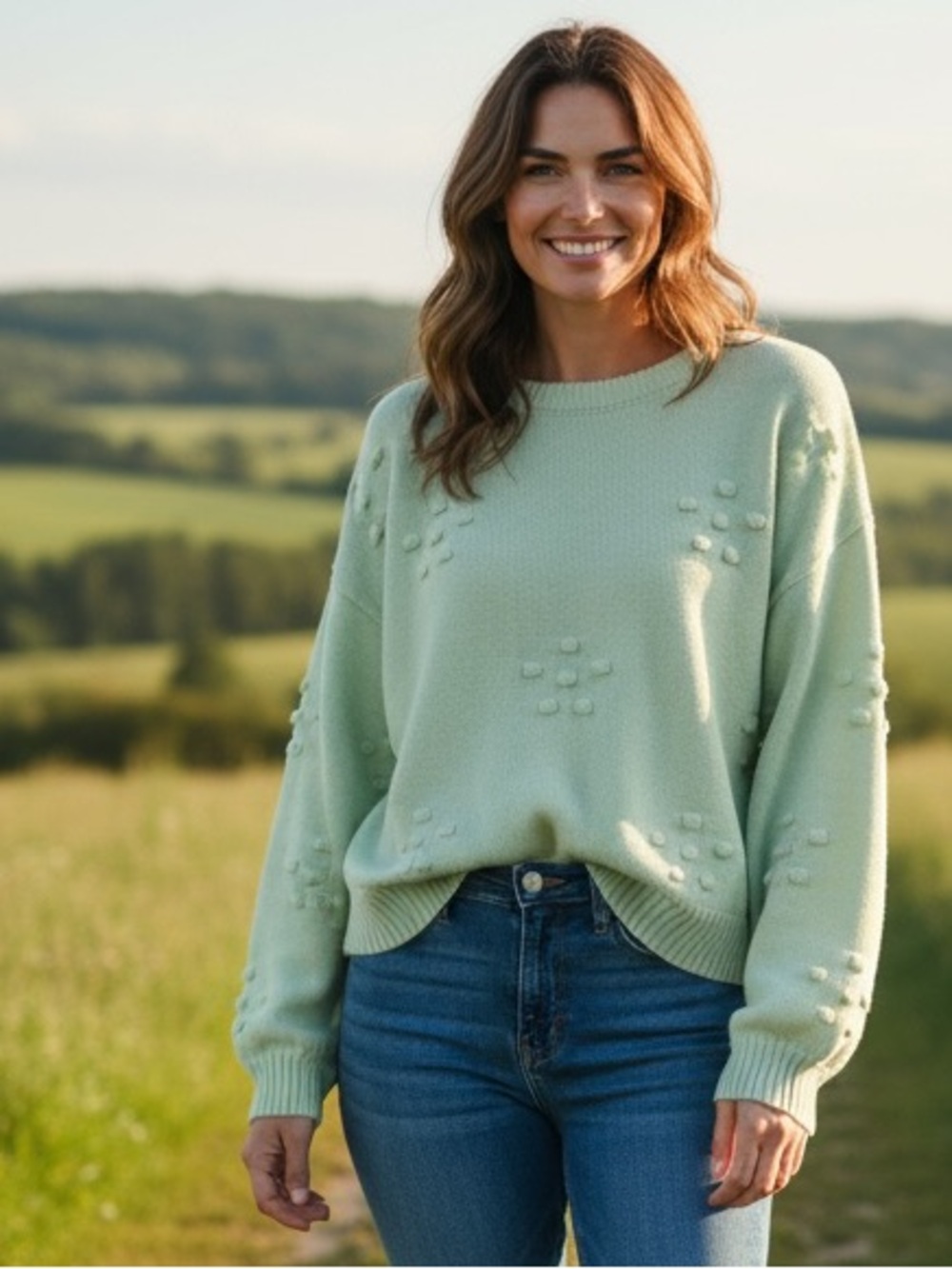 LALAVON CREW NECK TEXTURED MINT GREEN LOOSE FITTING BALLON SLEEVE SWEATER SZ L
